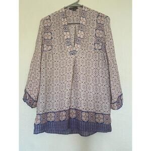 Vince Blouse 2 Tunic Top 100% Silk Bohemian Multi Color V Neck Womens